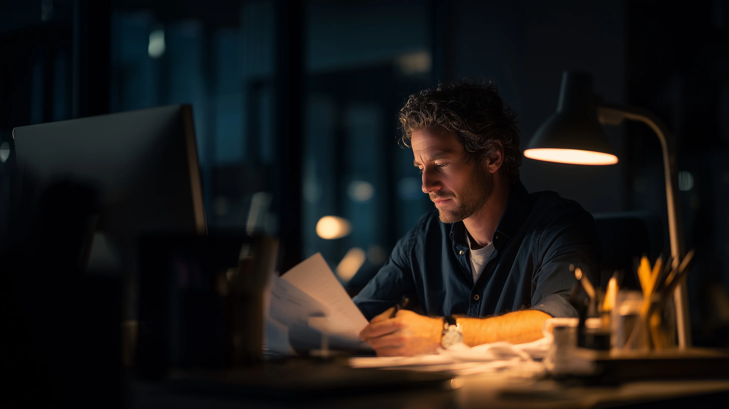 Business owner working late, reviewing the numbers